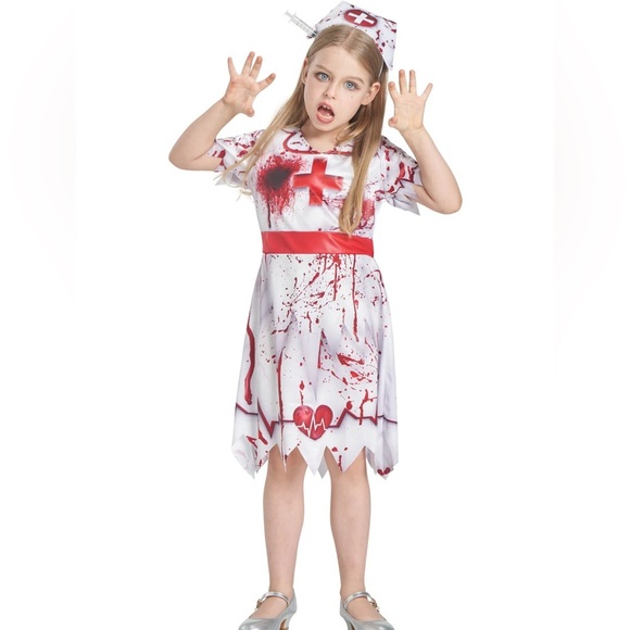 Ikali Girls Zombie Nurse Dress Headband 2 Pcs Halloween Costume Size 7-8 Scary - Picture 1 of 10